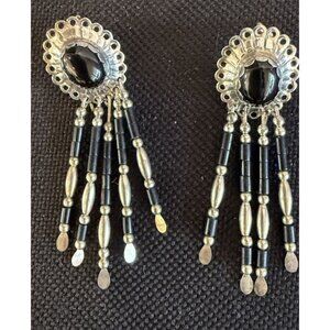 Vintage Sterling Silver Fringe Concha Onyx Stone Drop Dangle Earrings Southwest